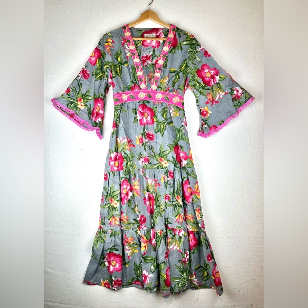 Charlie‎ Paige Floral Embroidered Midi Dress Bell Sleeve Boho Hippie